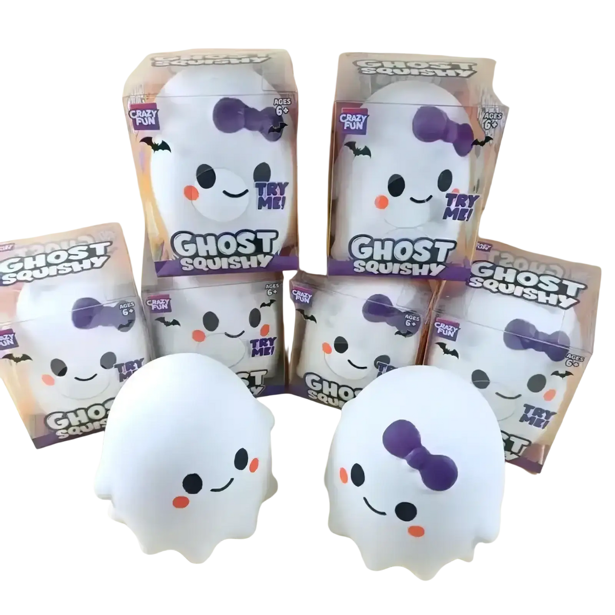 White ghost-shaped slow rising stress relief squishy toys with purple bows and orange cheeks in crazy fun boxes