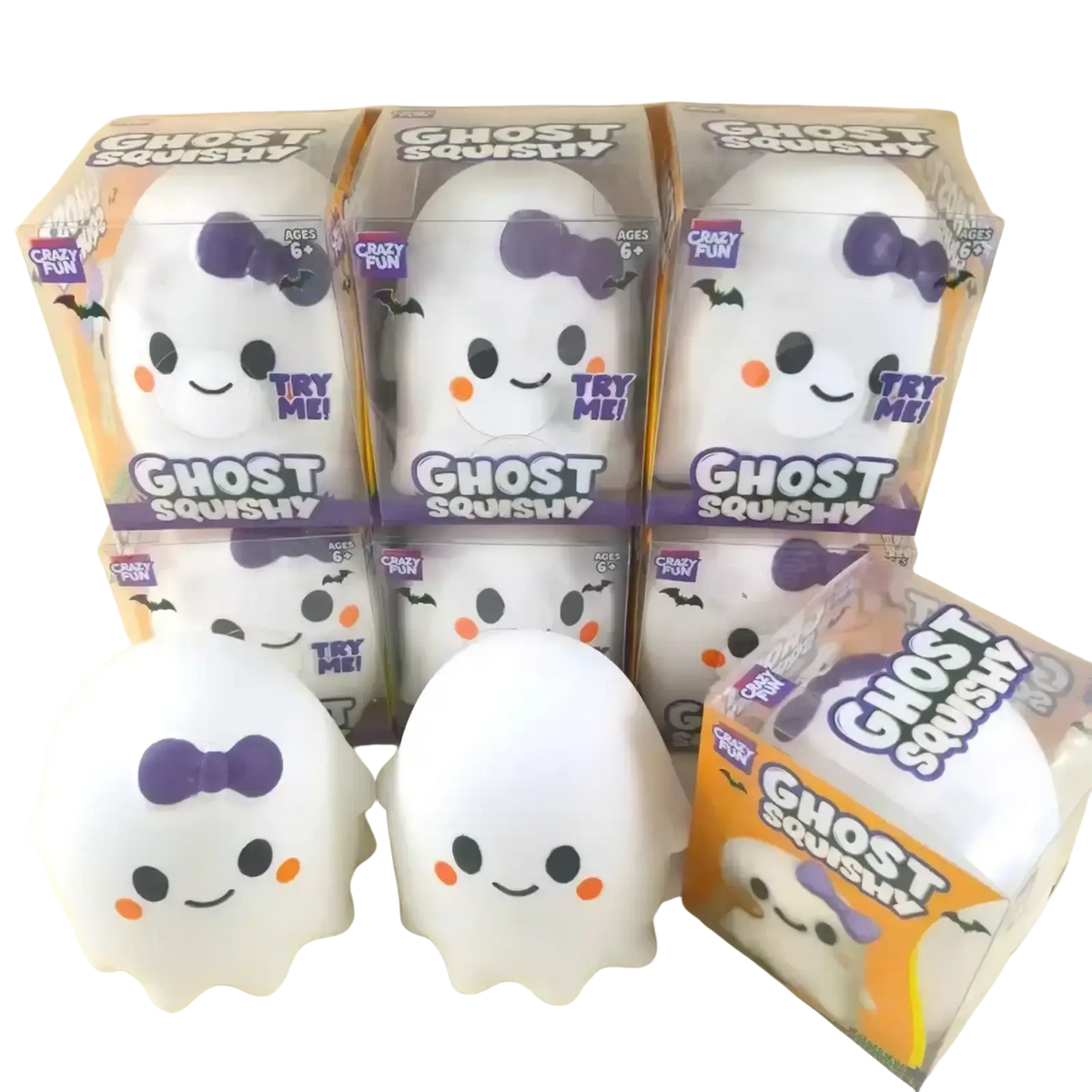 White ghost-shaped slow rising squishy toys with orange cheeks and purple bows in colorful ghost squishy boxes for stress relief