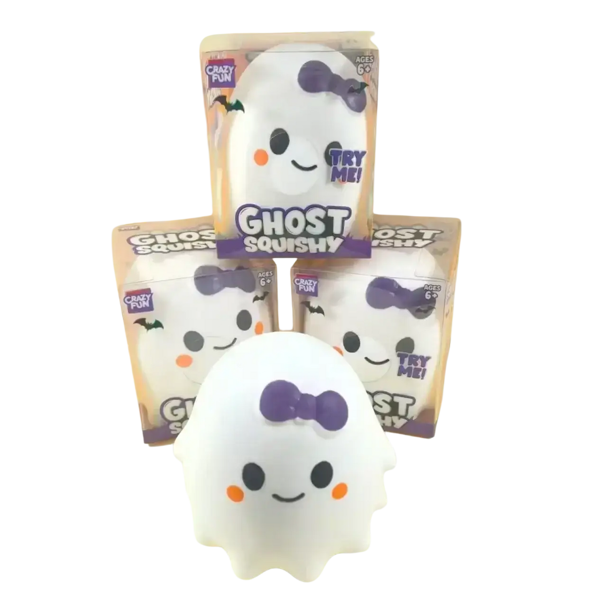White ghost-shaped slow rising squishy toy with purple bow black eyes and orange cheeks for stress relief