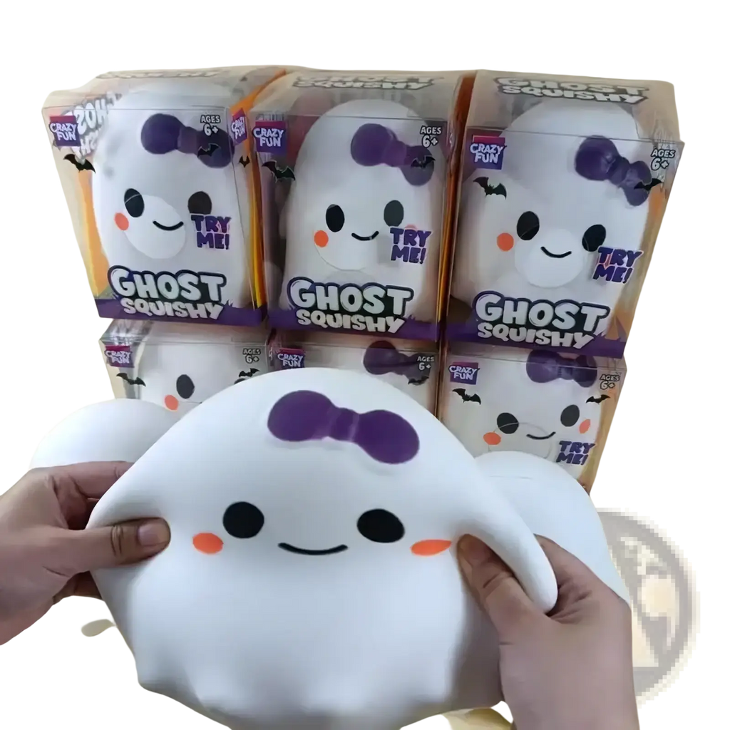 White ghost-shaped slow rising squishy stress relief toy with purple bow black eyes and orange cheeks