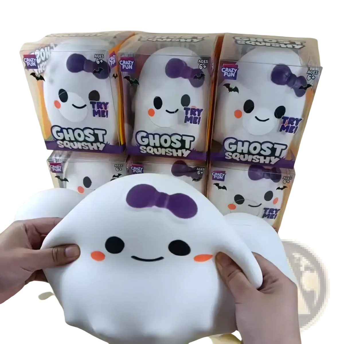 White ghost-shaped slow rising squishy stress relief toy with purple bow black eyes and orange cheeks