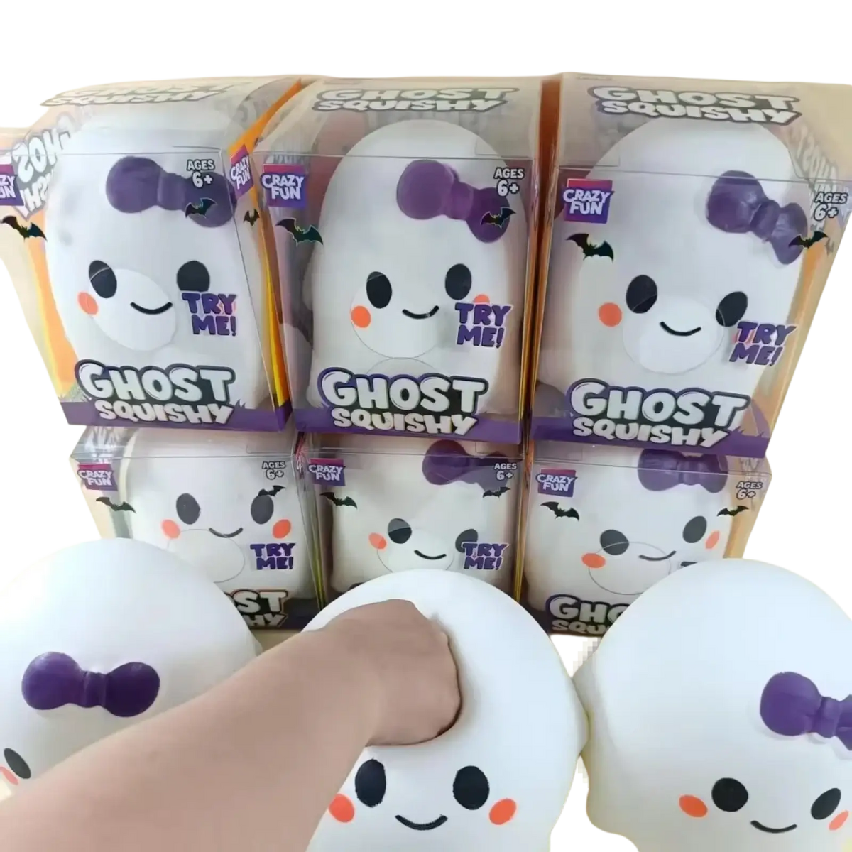 Ghost squishy slow rising stress relief toy white ghost shape with purple bow black eyes and orange cheeks