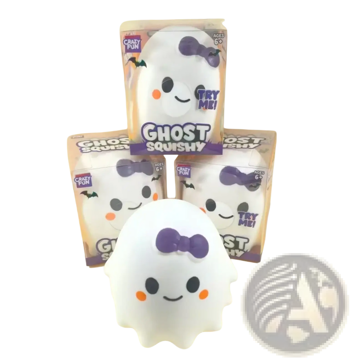 White ghost-shaped squishy slow rising stress relief toy with purple bow black eyes and orange cheeks