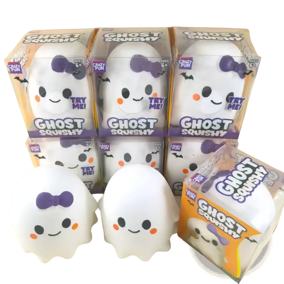 White ghost-shaped slow rising stress relief squishy toys with purple bows and orange cheeks in clear packaging by Crazy Fun