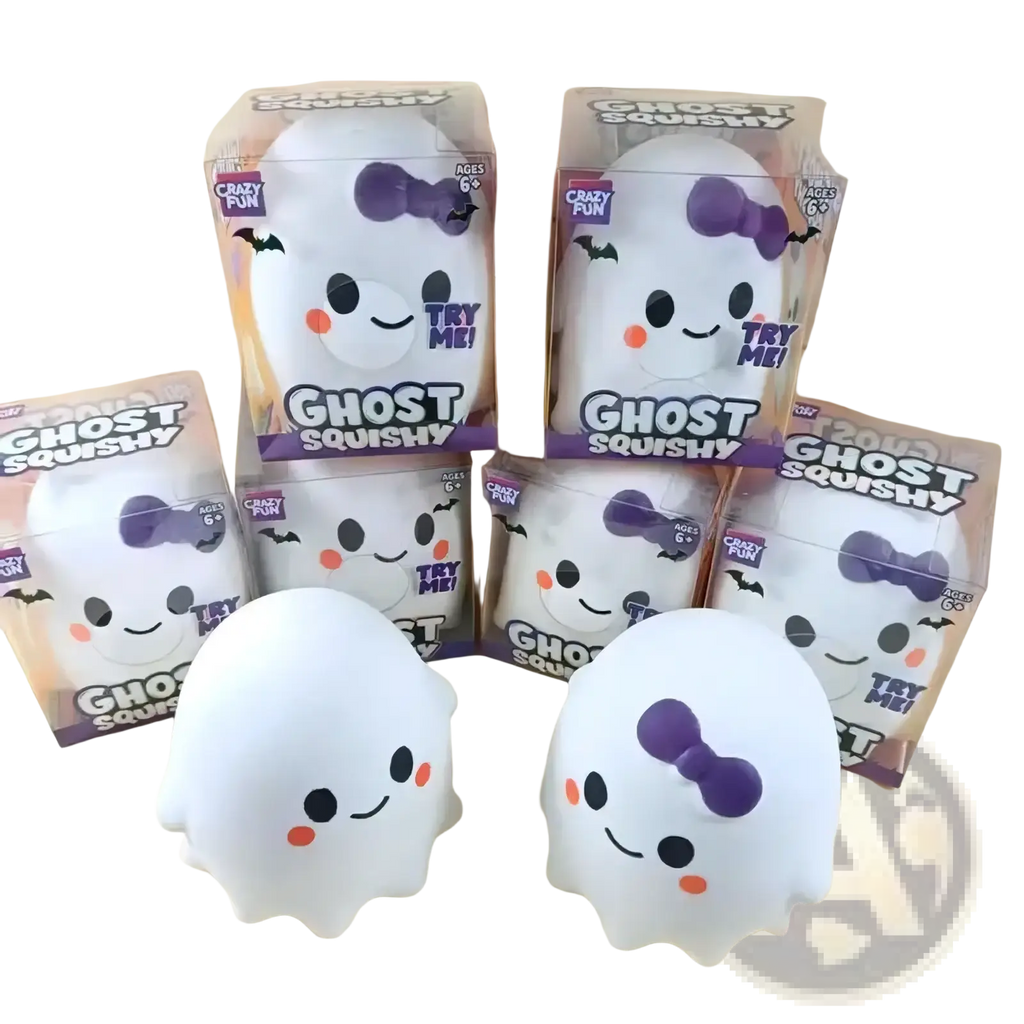 White ghost-shaped squishy toys with purple bows and orange cheeks in clear boxes labeled ghost squishy by crazy fun