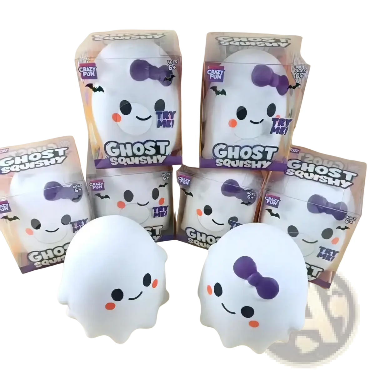 White ghost-shaped squishy toys with purple bows and orange cheeks in clear boxes labeled ghost squishy by crazy fun