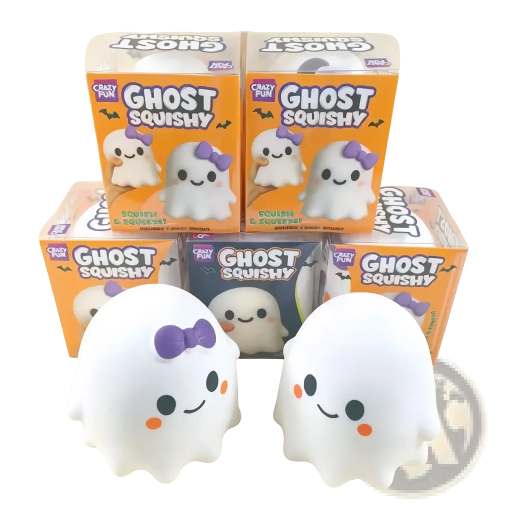 White ghost-shaped slow rising squishy stress relief toys with purple bows and orange cheeks by Crazy Fun in colorful boxes