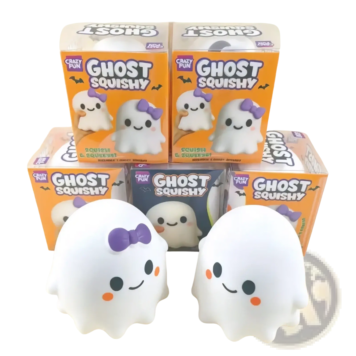 White ghost-shaped slow rising squishy stress relief toys with purple bows and orange cheeks by Crazy Fun in colorful boxes