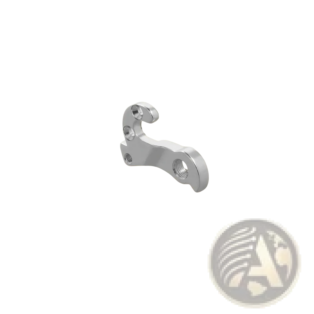 Giant derailleur hanger aluminum bike tail hook in shiny chrome finish with angular design and multiple threaded holes backside view