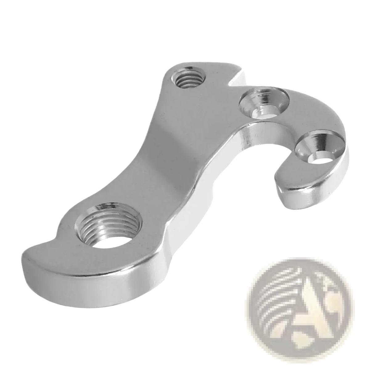 Backside of shiny chrome-finished Giant aluminum derailleur hanger with threaded mounting holes for bike tail hook