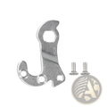 Silver metallic Giant aluminum bike rear derailleur hanger with two matching screws shown from the back side