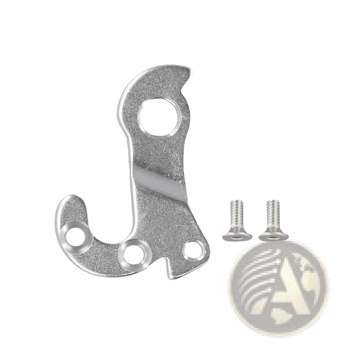 Silver metallic Giant aluminum bike rear derailleur hanger with two matching screws shown from the back side