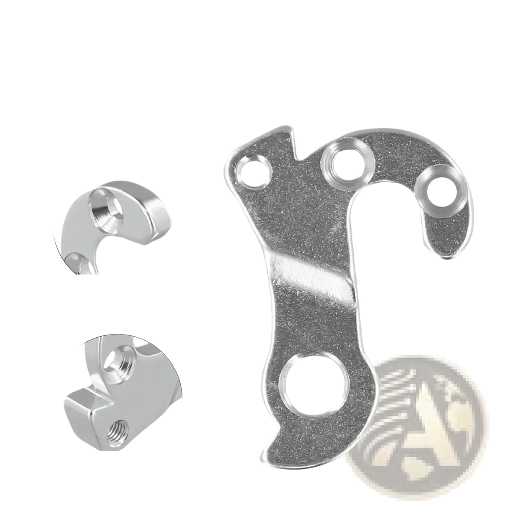 Silver metallic giant aluminum derailleur hanger with curved angular design and multiple mounting holes back side view