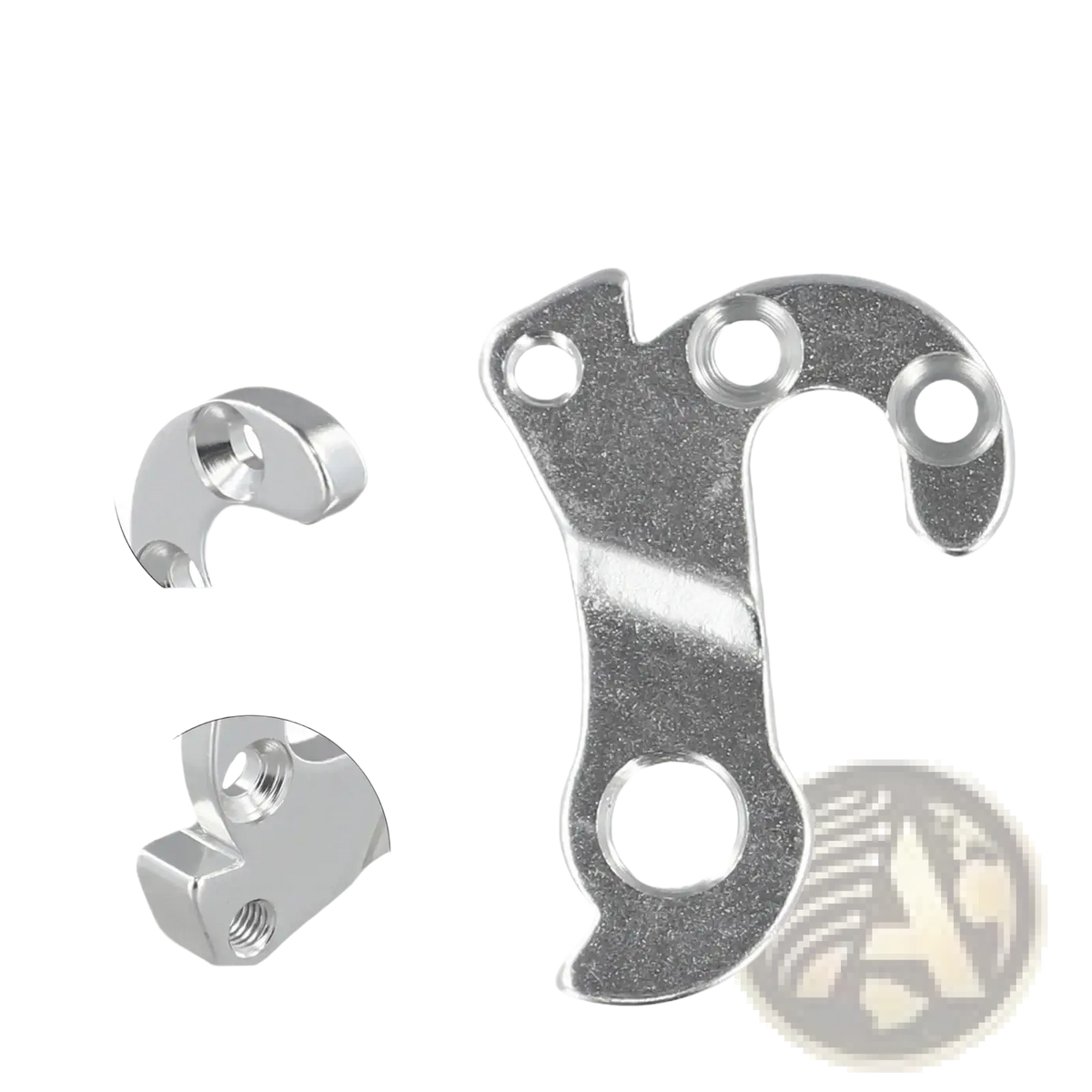 Silver metallic giant aluminum derailleur hanger with curved angular design and multiple mounting holes back side view