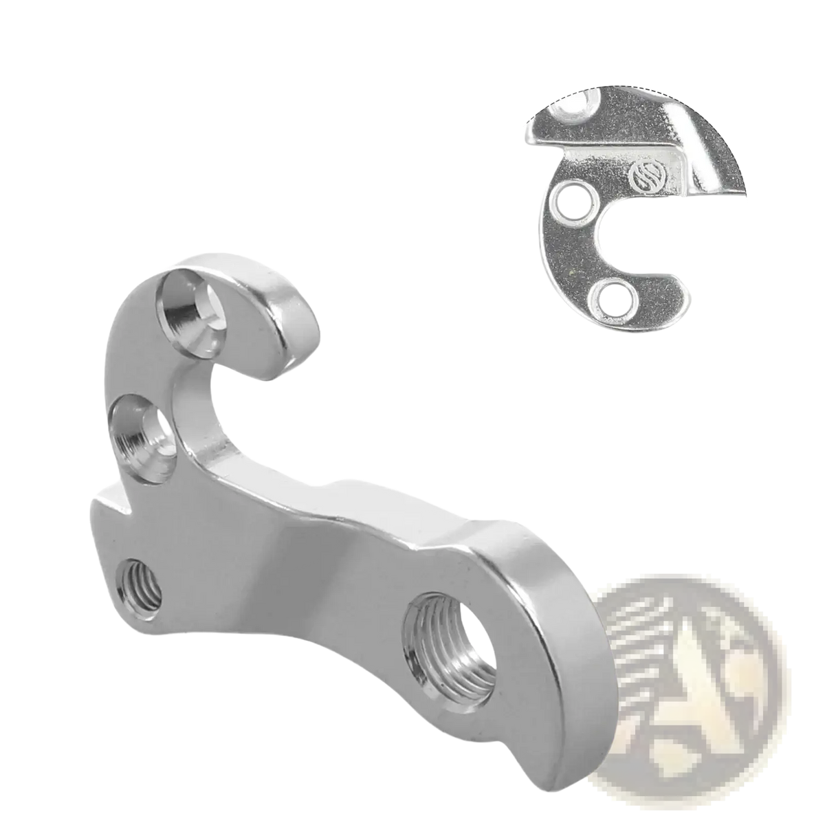 Silver metallic Giant derailleur hanger aluminum bike tail hook with sleek curved design and multiple threaded holes