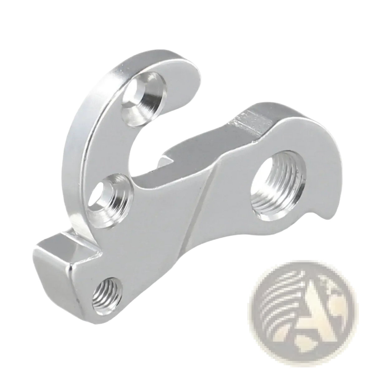 Silver metallic aluminum giant derailleur hanger bike tail hook with threaded holes and curved angular chain guide design