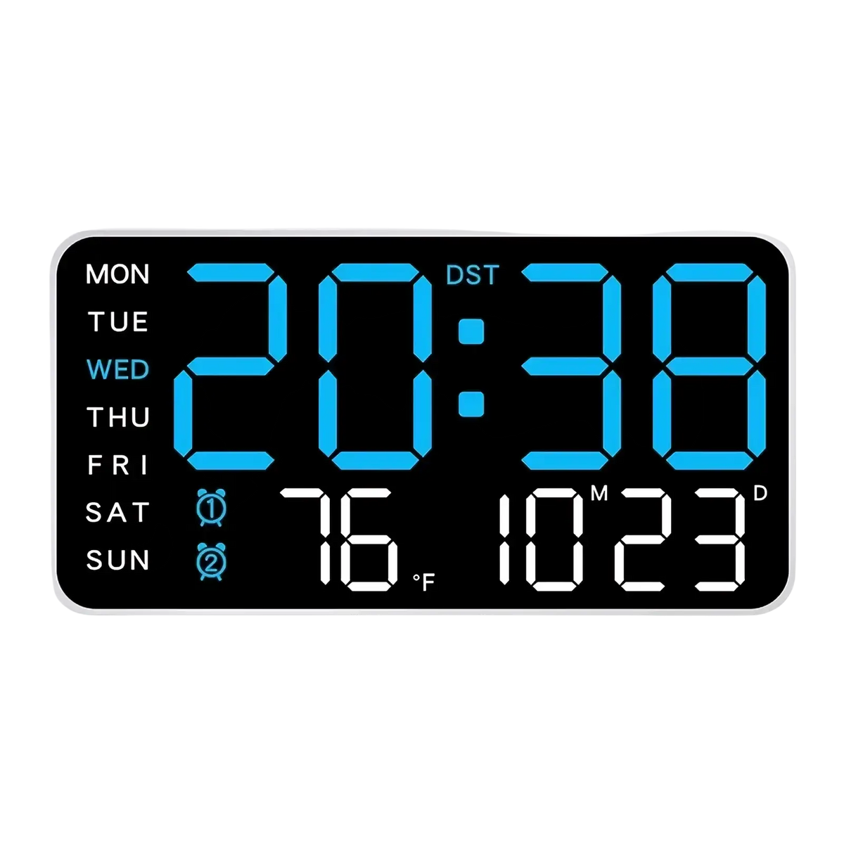 Giant digital wall clock with sleek black face and bright blue led display showing time day date temperature and dst indicator