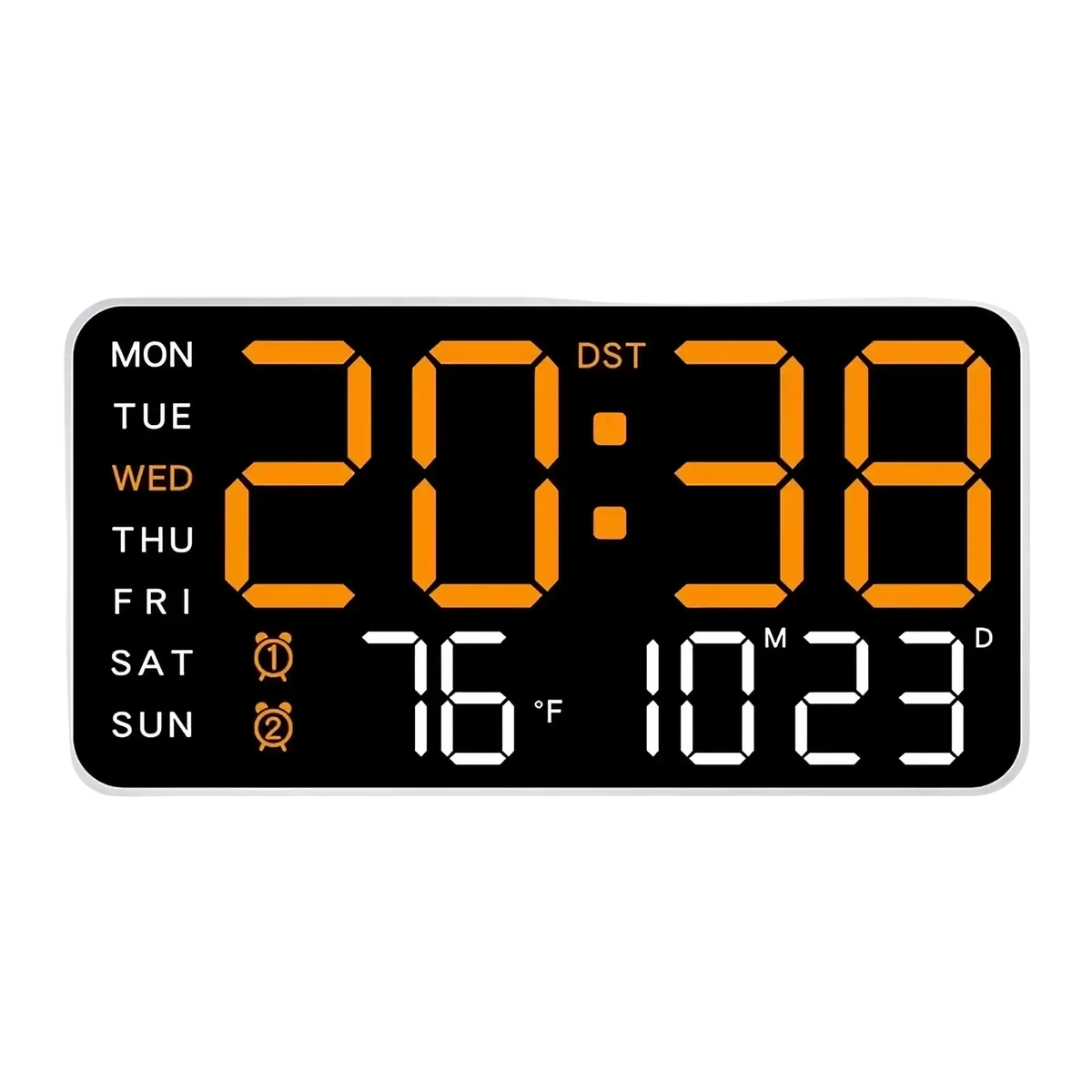 Giant digital wall clock with orange and white led display showing time day temperature date and dst on black background