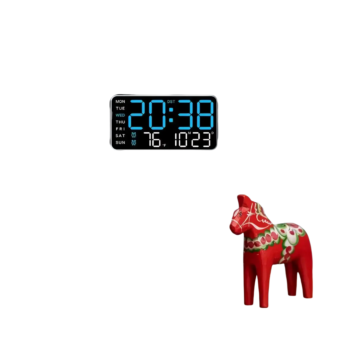 Giant digital wall clock with blue led display showing time day date and temperature for indoor use