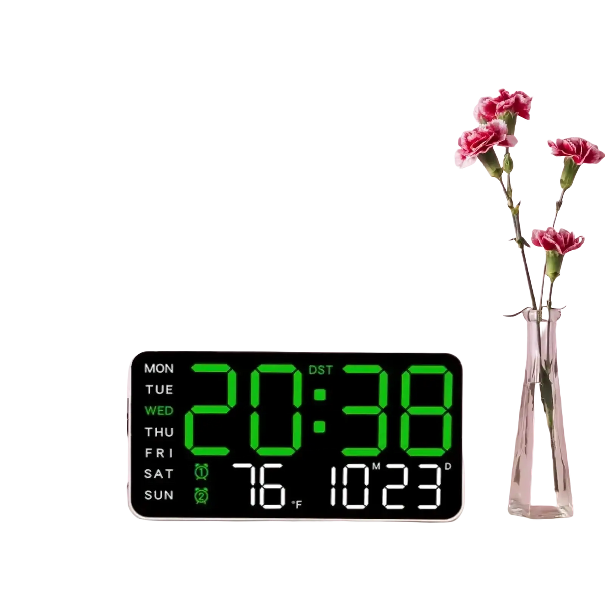 Giant digital wall clock in black with green led display showing time date temperature and day of the week