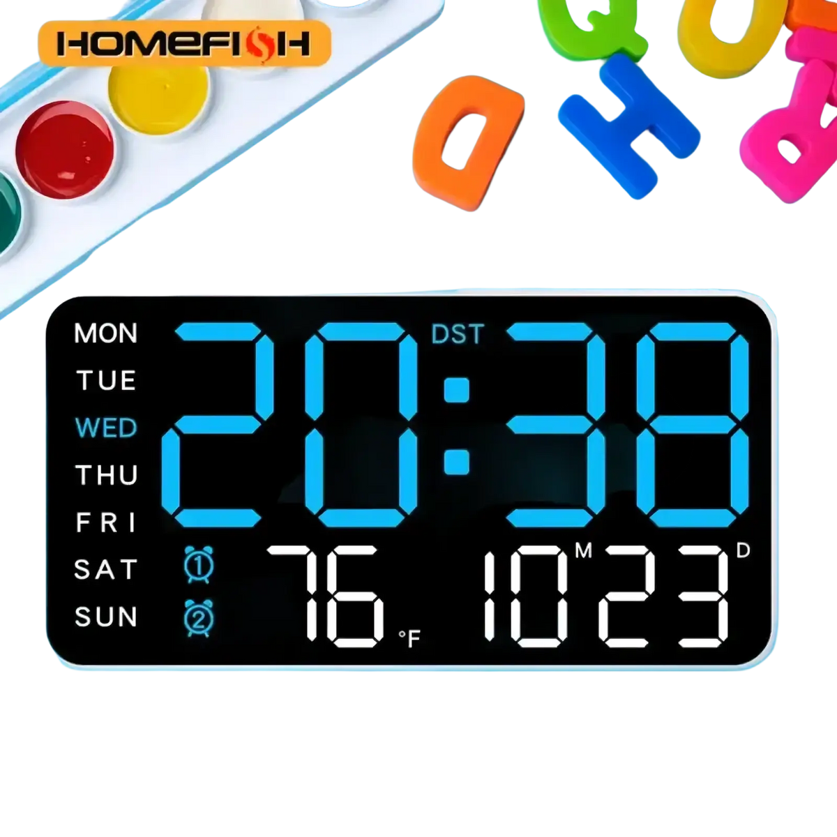 Black giant digital wall clock with bright blue led display showing time day date temperature and dst indicator
