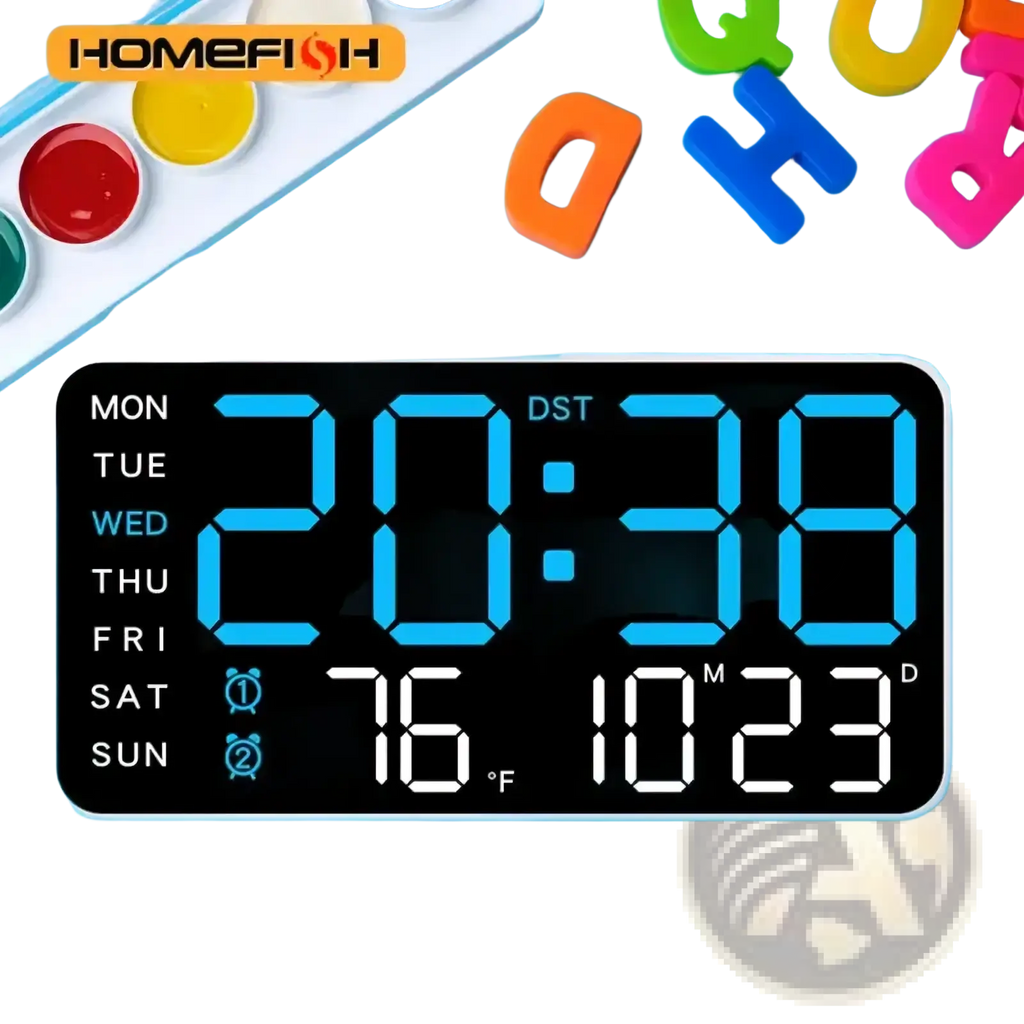 Black giant digital wall clock with bright blue led display showing time day date temperature and dst indicator