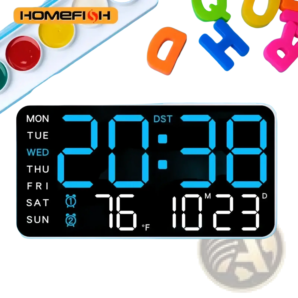 Black giant digital wall clock with bright blue led display showing time day date temperature and dst indicator