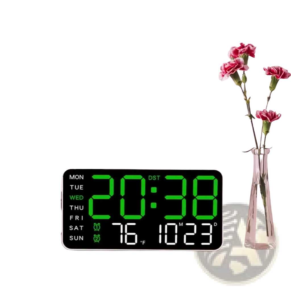 Giant digital wall clock in black with green led display showing time date temperature and day of the week