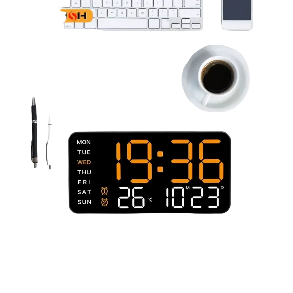 Black rectangular giant digital wall clock with orange and white led displays showing time date temperature and day