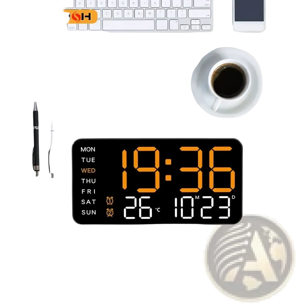 Black rectangular giant digital wall clock with orange and white led displays showing time date temperature and day