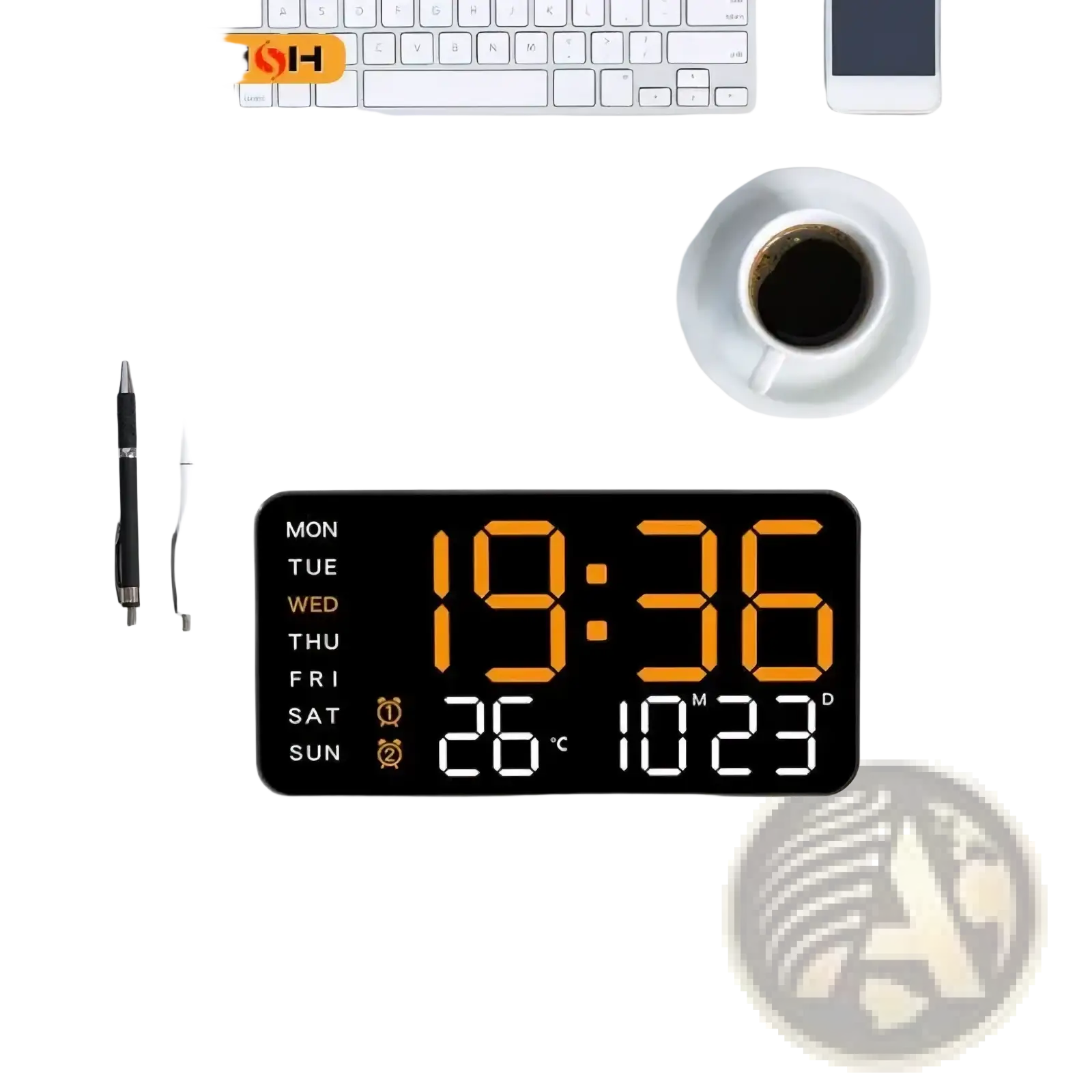 Black rectangular giant digital wall clock with orange and white led displays showing time date temperature and day
