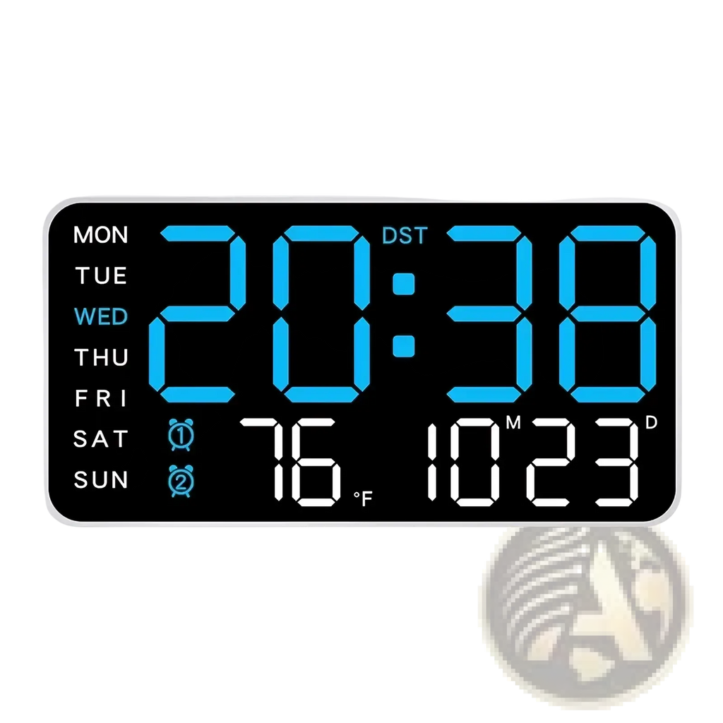 Giant digital wall clock with sleek black face and bright blue led display showing time day date temperature and dst indicator