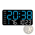 Giant digital wall clock with sleek black face and bright blue led display showing time day date temperature and dst indicator