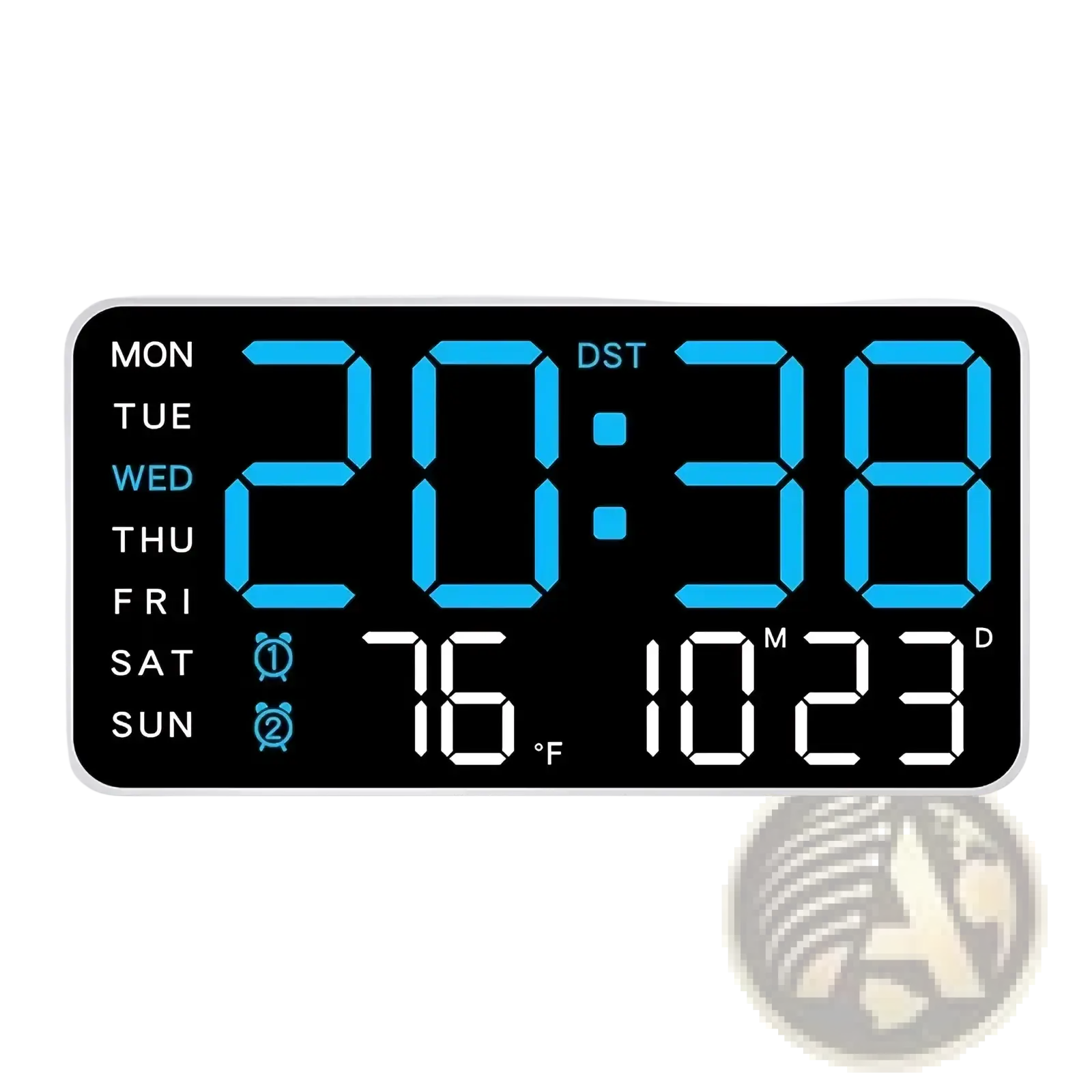 Giant digital wall clock with sleek black face and bright blue led display showing time day date temperature and dst indicator