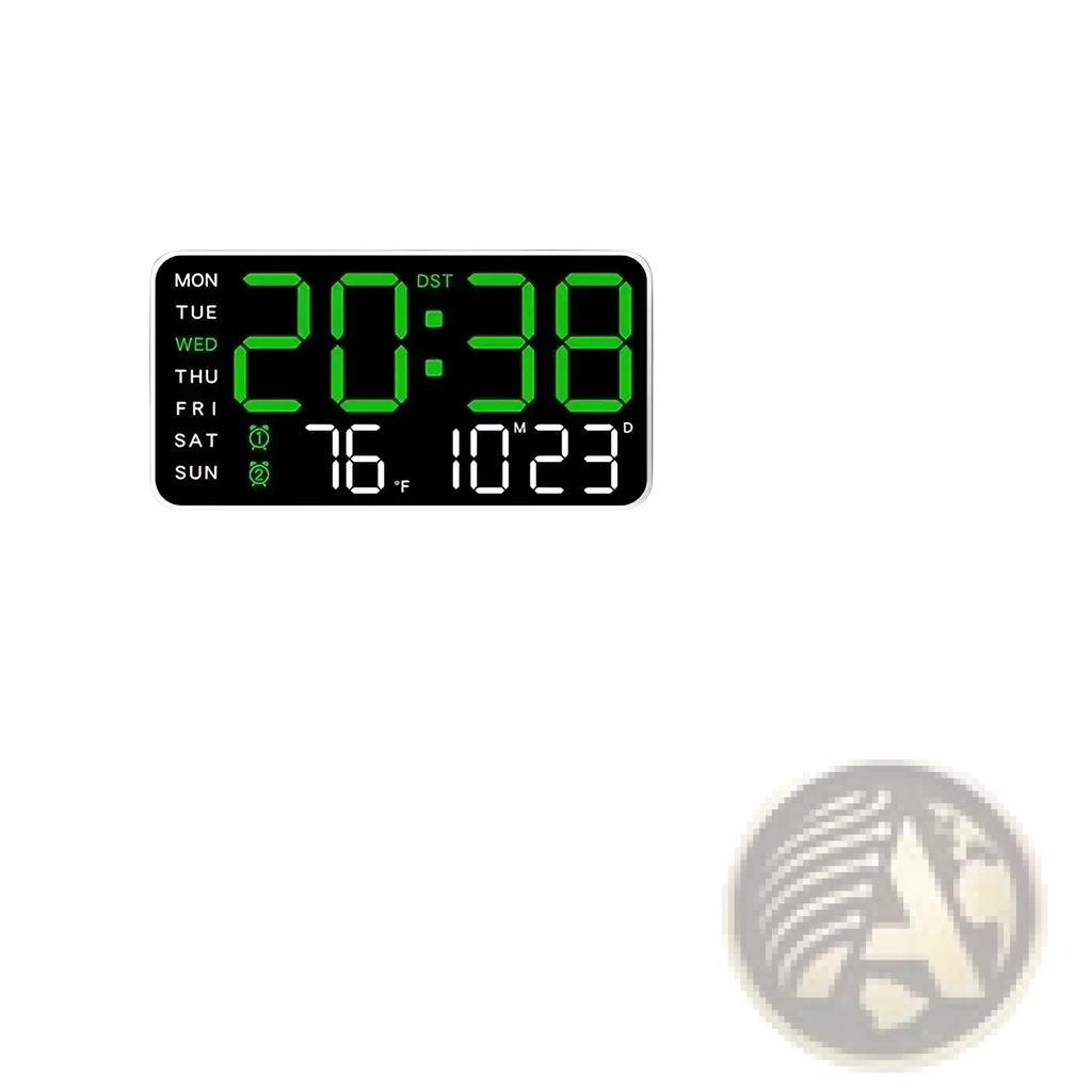 Giant digital wall clock with green display panel, white border, showing time, date, temperature, and day of week
