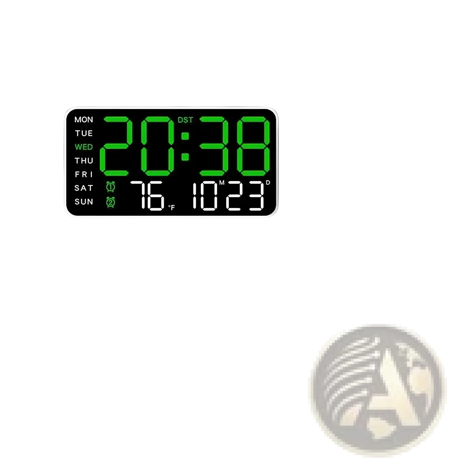 Giant digital wall clock with green display panel, white border, showing time, date, temperature, and day of week