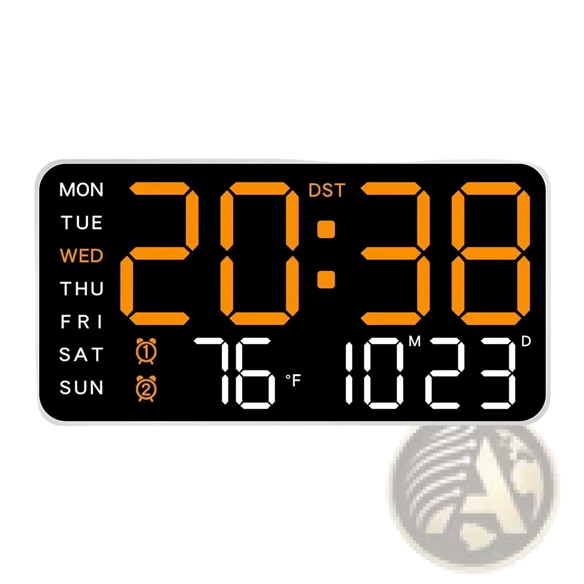 Giant digital wall clock with orange and white led display showing time day temperature date and dst on black background