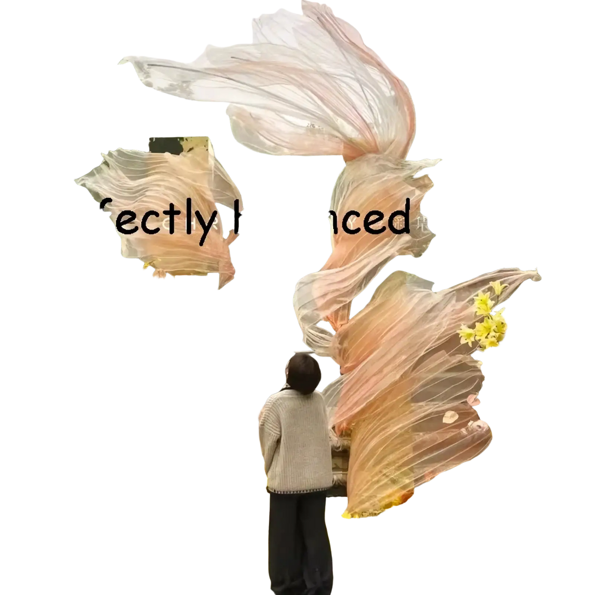 Giant gauze flower streamer backdrop decor featuring flowing peach-toned sheer fabric with cascading floral arrangements