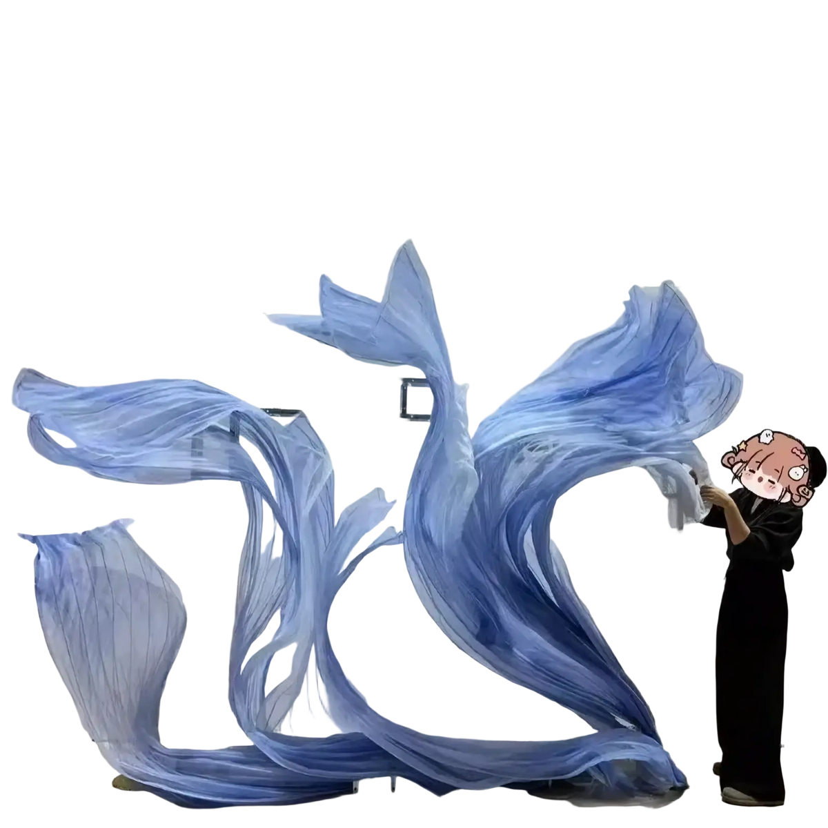 A flowing translucent blue gauze flower streamer backdrop decor with dynamic wave-like folds and airy texture