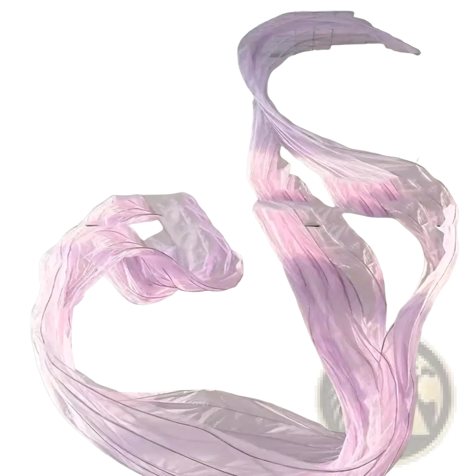 A giant gauze flower streamer backdrop decor featuring a flowing translucent lavender and pink gradient fabric sculpture suspended mid-air