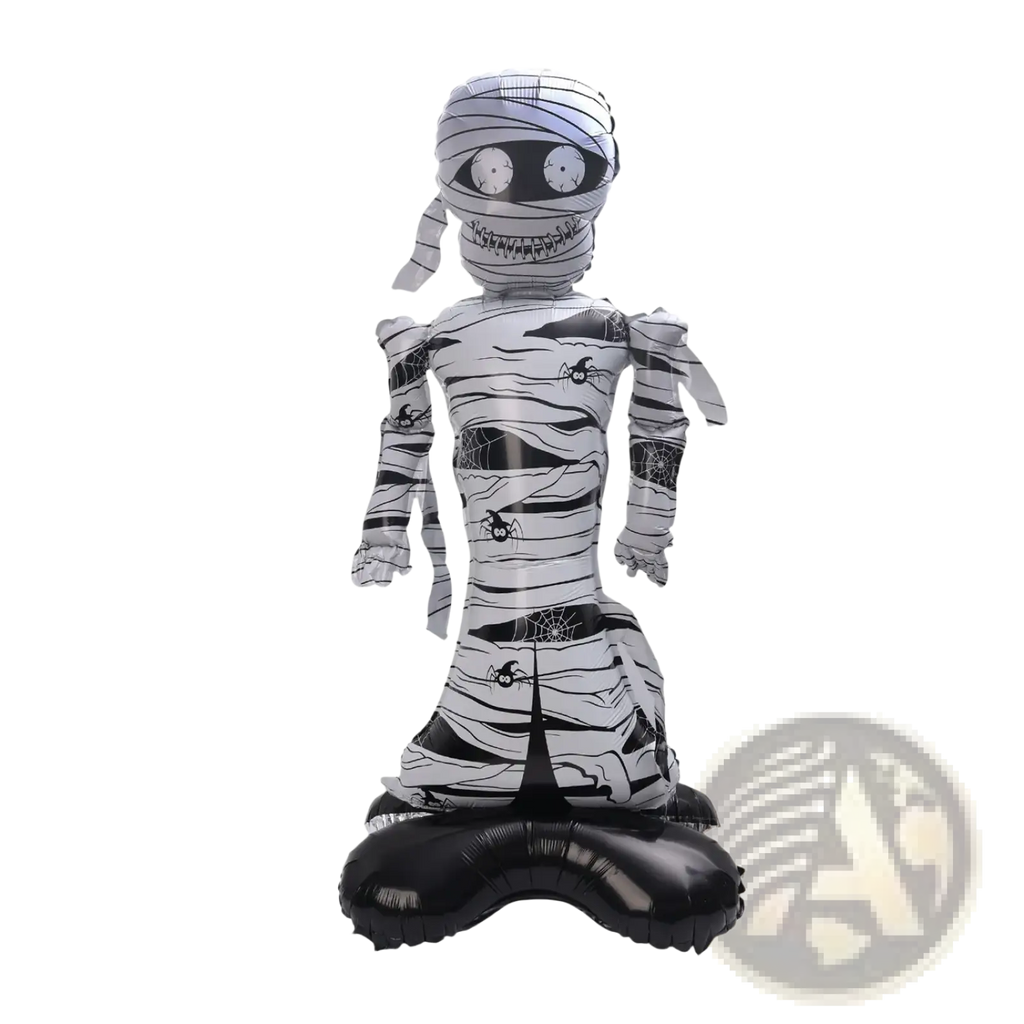 Giant Halloween standing foil balloon featuring a 118cm tall black and white striped inflatable mummy with spider motifs