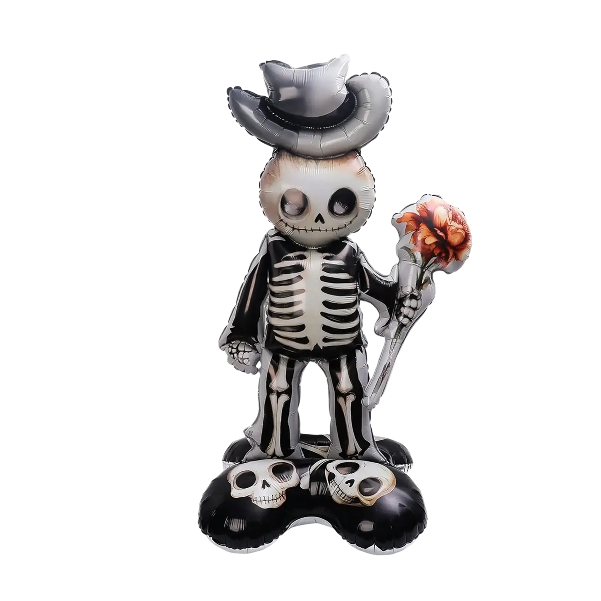 Giant halloween standing foil balloon in black and silver skeleton design wearing a cowboy hat holding an orange flower
