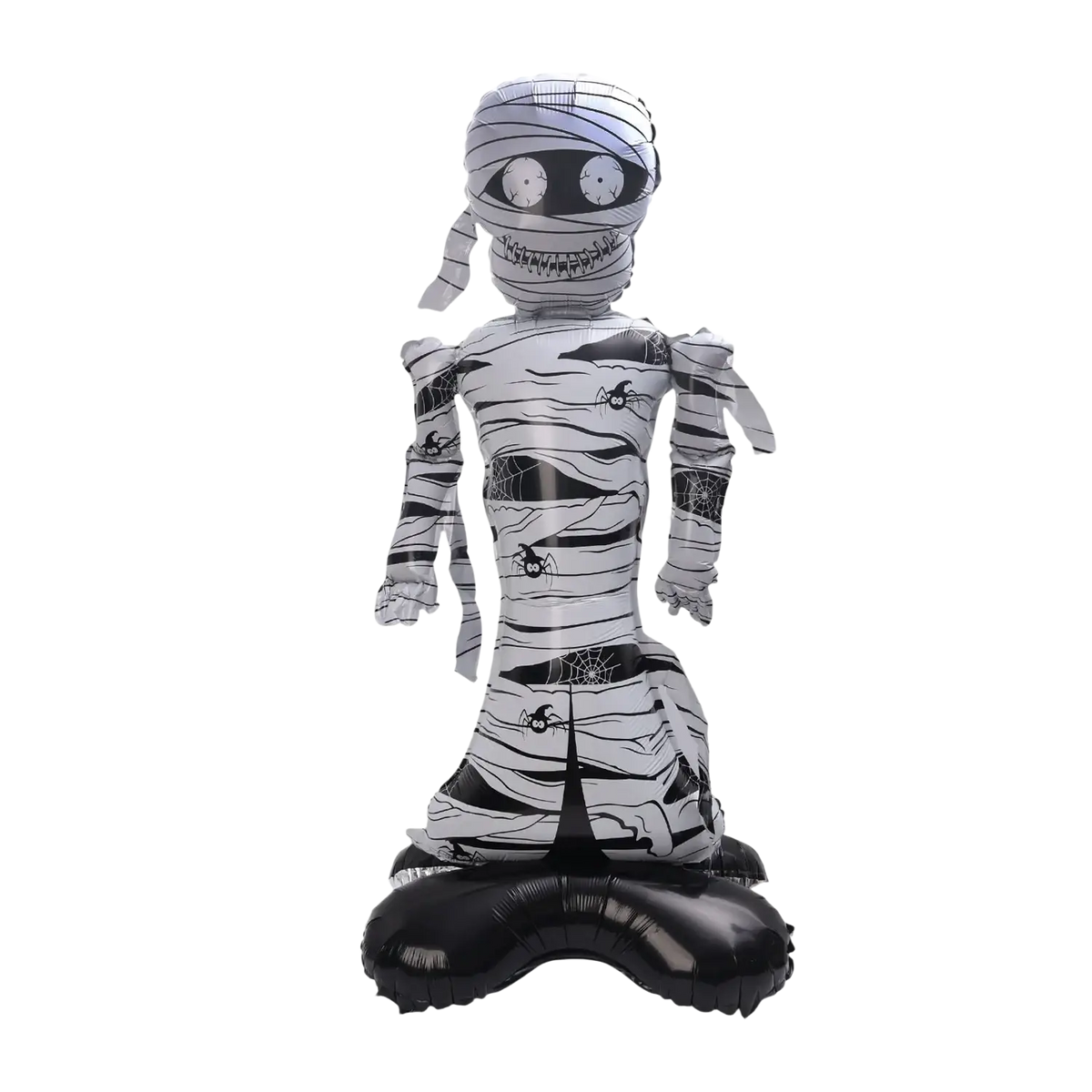 Giant Halloween standing foil balloon featuring a 118cm tall black and white striped inflatable mummy with spider motifs