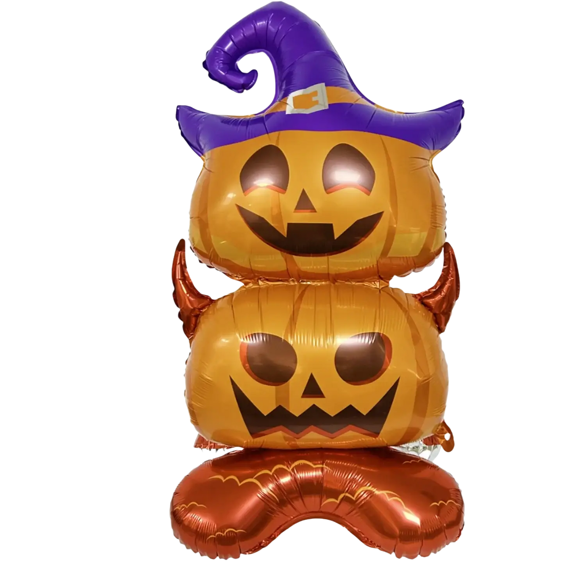 A 150cm tall giant halloween standing foil balloon with two orange pumpkins wearing a purple witch hat and red devil horns