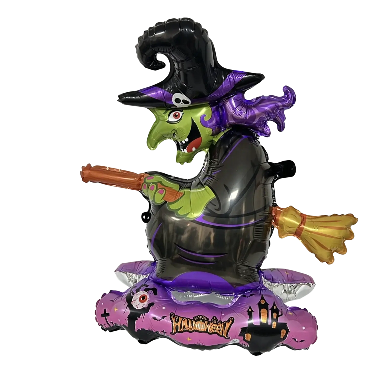 Giant 83cm tall inflatable Halloween witch foil balloon with green face black hat purple hair and purple base for party decor