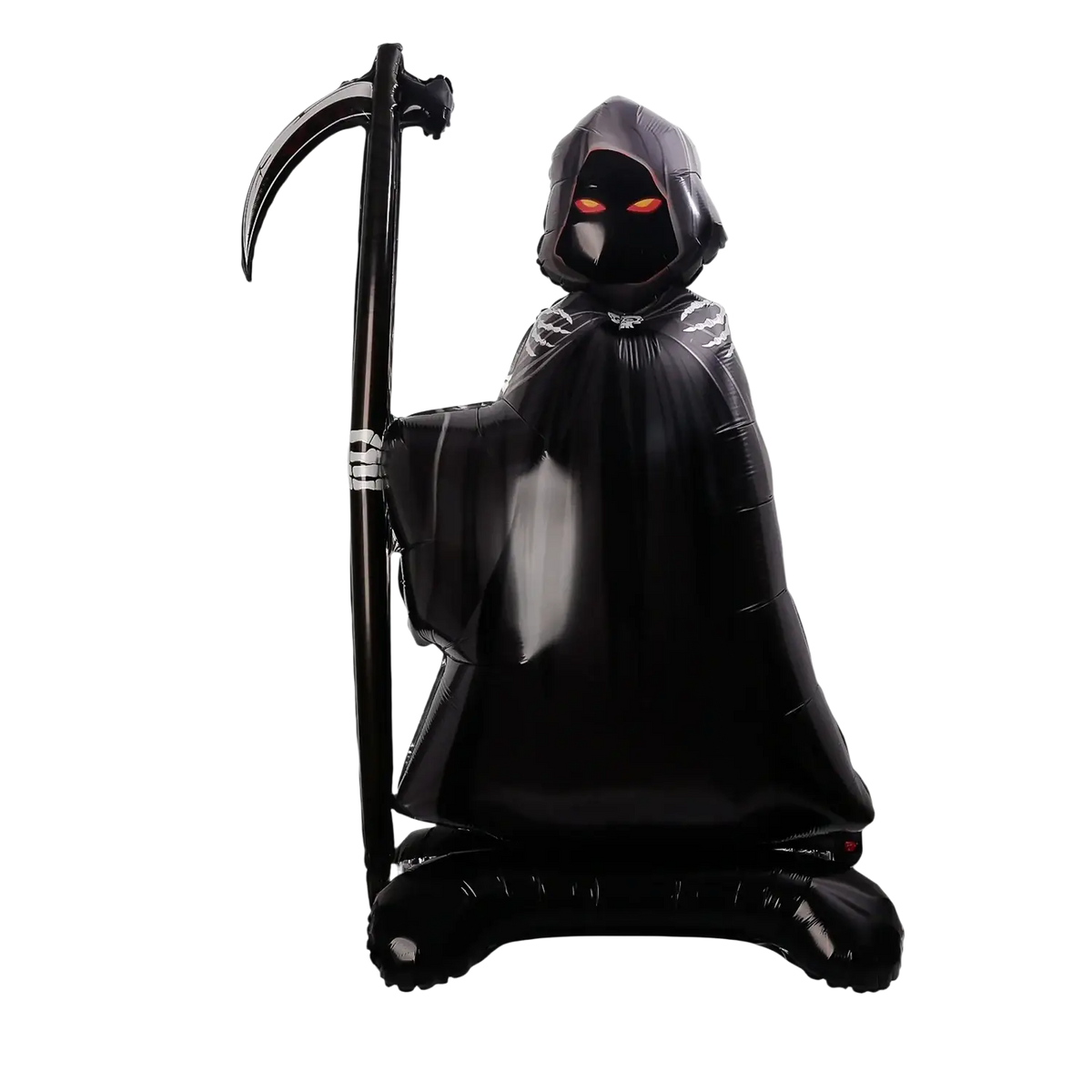 Black inflatable grim reaper foil balloon with glowing orange eyes and scythe for giant halloween party decor