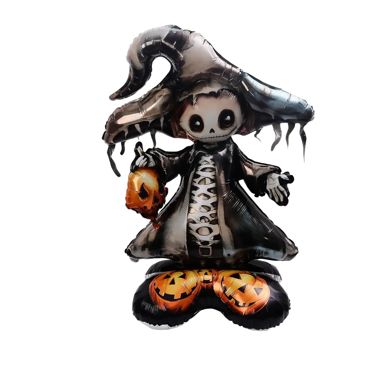 Giant halloween standing foil balloon in black and orange featuring a skeleton witch holding a pumpkin with two pumpkins at its feet