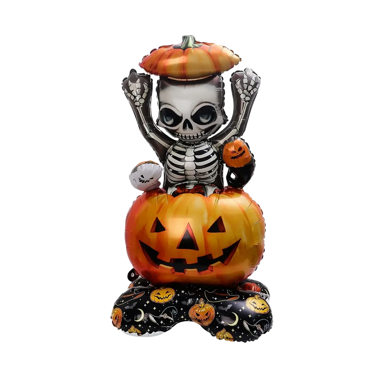 Giant halloween standing foil balloon featuring a black and white skeleton with orange pumpkin hat on a jack o lantern base