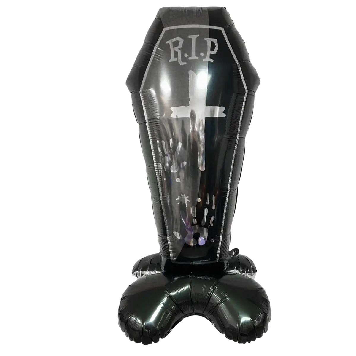 Giant halloween standing foil balloon shaped as a glossy black inflatable coffin with r.i.p., cross, silver accents, and handprints