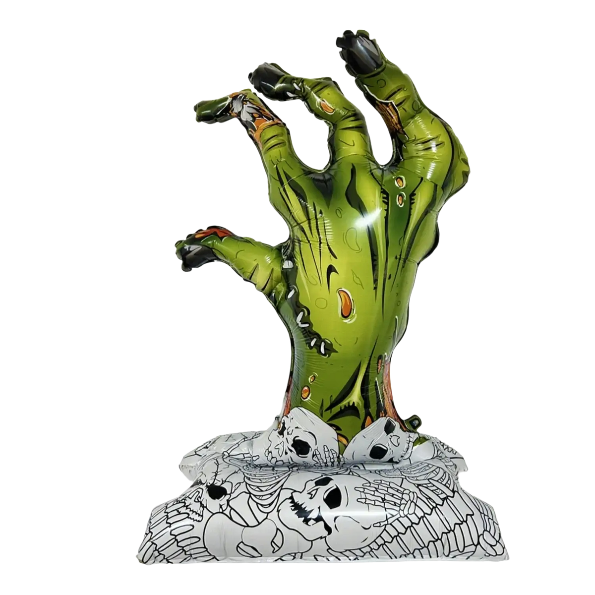 Giant Halloween standing foil balloon of a green zombie hand with black nails and orange accents on a skull base